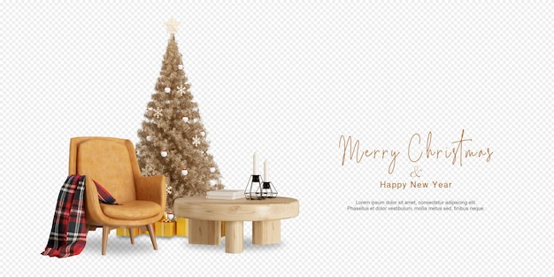 Christmas tree and armchair in 3d rendering