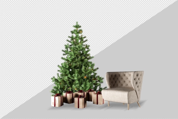 Albero di natale e poltrona in rendering 3d