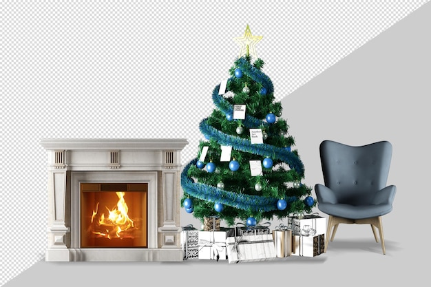 Albero di natale e poltrona in rendering 3d