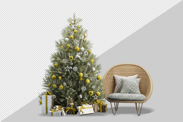 Albero di natale e poltrona in rendering 3d