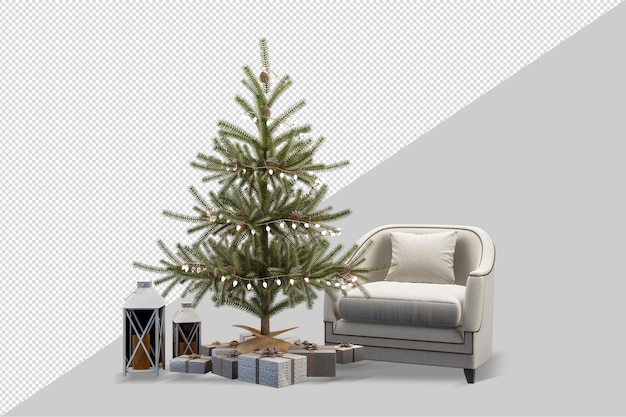 Albero di natale e poltrona in rendering 3d