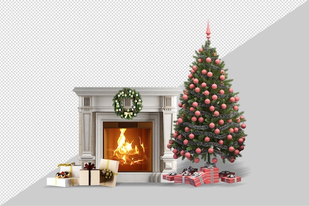 Albero di natale e poltrona in rendering 3d