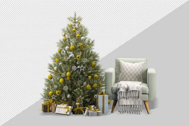 Albero di natale e poltrona in rendering 3d