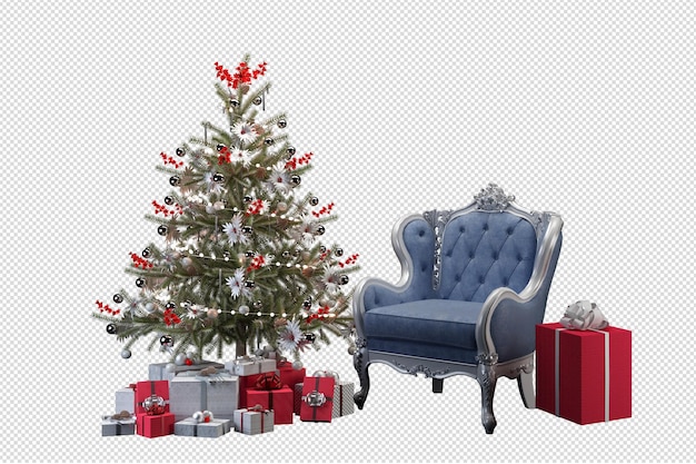 Christmas tree and armchair in 3d rendering