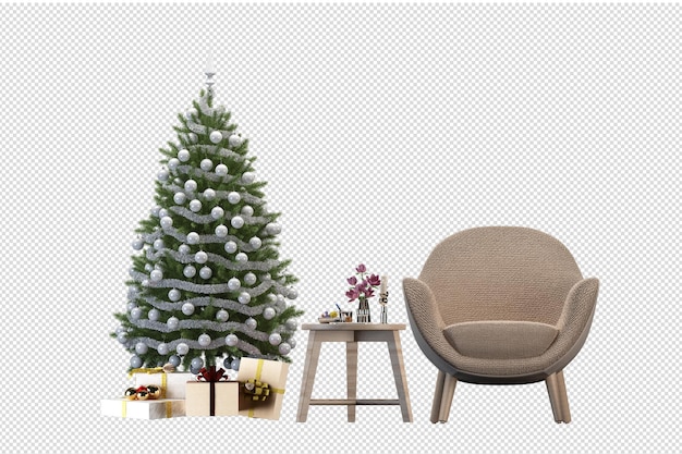 Christmas tree and armchair in 3d rendering