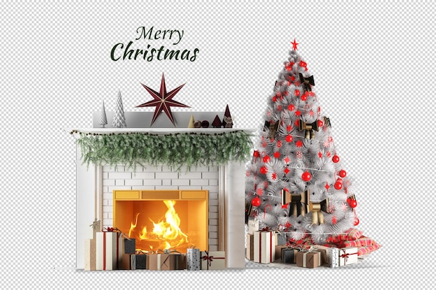 Albero di natale e poltrona in rendering 3d