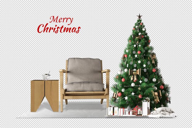 Christmas tree and armchair in 3d rendering
