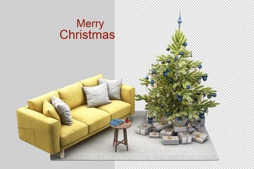 Premium PSD | Christmas tree and bear teddy toy sofa in 3d rendering