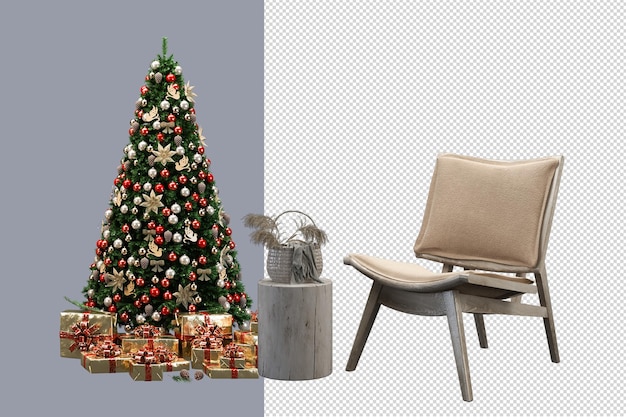 PSD christmas tree and bear teddy toy sofa in 3d rendering