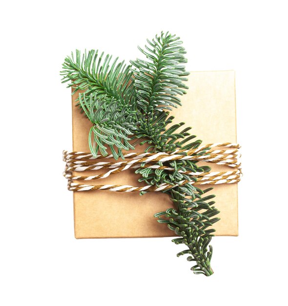 Ramo di albero di natale con scatola regalo con sfondo bianco isolato carta di auguri per le vacanze invernali