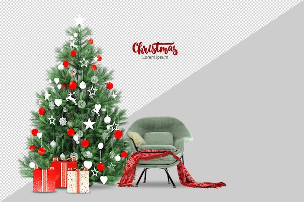 PSD 3dレンダリングされたクリスマスツリー、ギフト、アームチェア