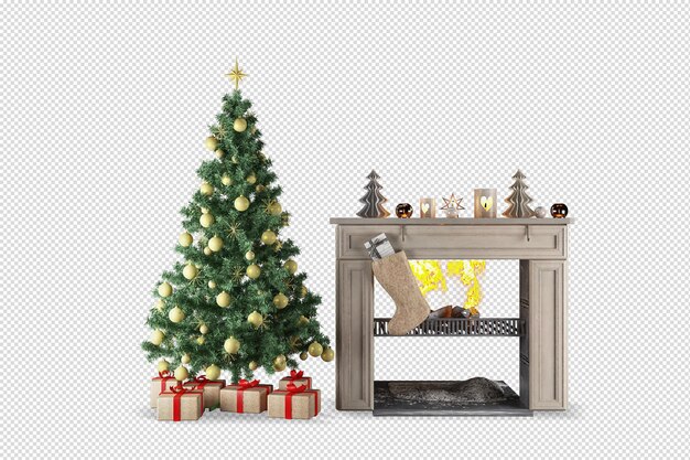 PSD christmas tree gifts and armchair in 3d rendered isolated