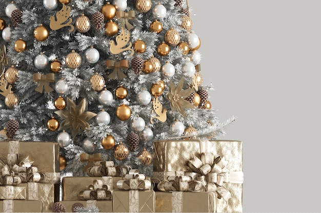 PSD christmas tree gifts and armchair in 3d rendered isolated