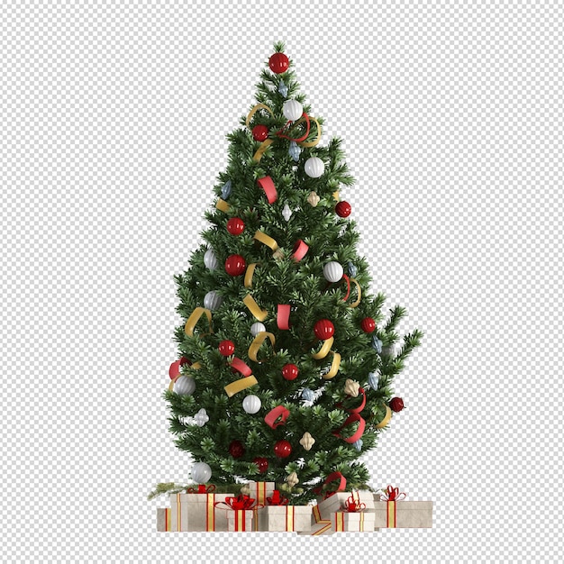 christmas tree, gifts and armchair in 3d rendered isolated