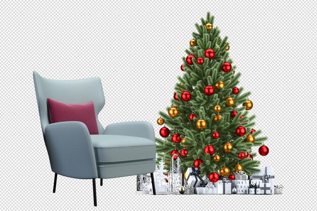 PSD albero di natale, regali e poltrona in 3d rendering