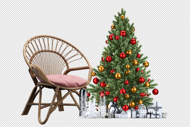 PSD albero di natale, regali e poltrona in 3d rendering