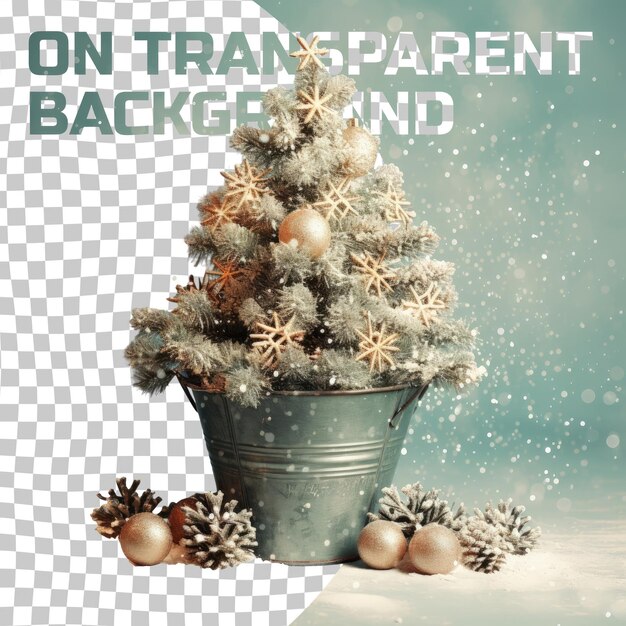 PSD christmas tree in metal bucket with snowflakes on a transparent background