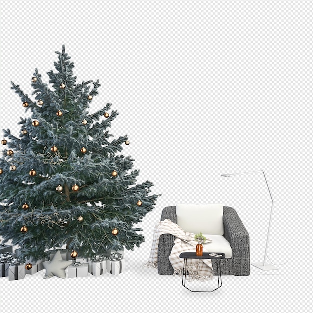 Albero di natale e poltrone moderne in rendering 3d