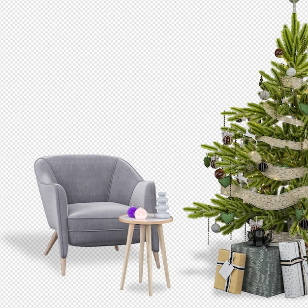 PSD albero di natale e poltrone moderne in rendering 3d