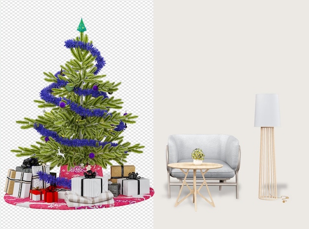 Albero di natale e poltrone moderne in rendering 3d