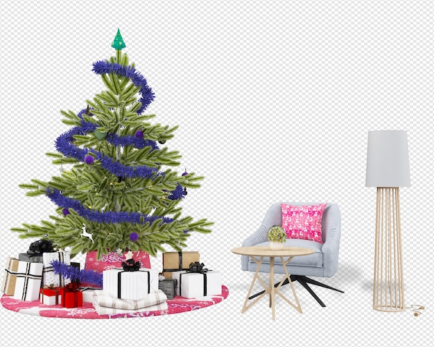 Christmas tree and modern armchairs in 3d rendering