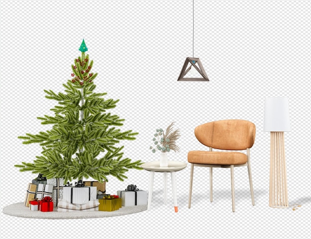 PSD christmas tree and modern armchairs in 3d rendering