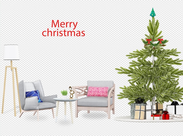 Christmas tree and modern armchairs in 3d rendering