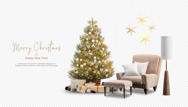 Christmas tree and modern armchairs in 3d rendering