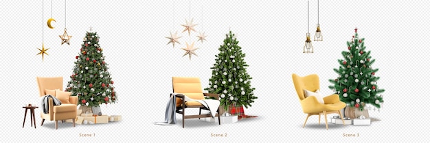 Albero di natale e poltrone moderne in rendering 3d