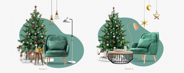 PSD christmas tree and modern armchairs in 3d rendering