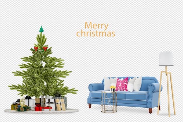 3Dレンダリングのクリスマスツリーとモダンなソファ