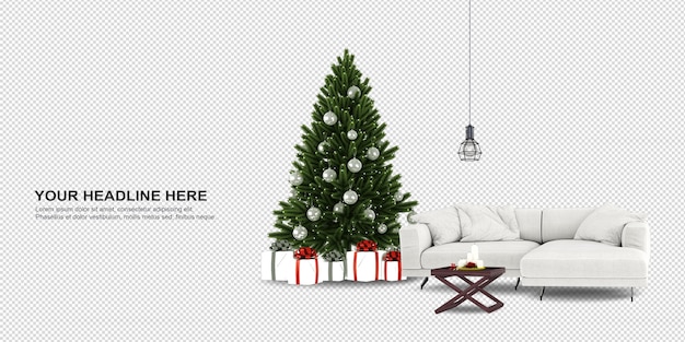 Albero di natale e divano in rendering 3d