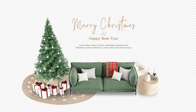 Christmas tree and sofa in 3d rendering