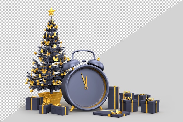 Christmas tree with gift boxes and an alarm clock shows midnight