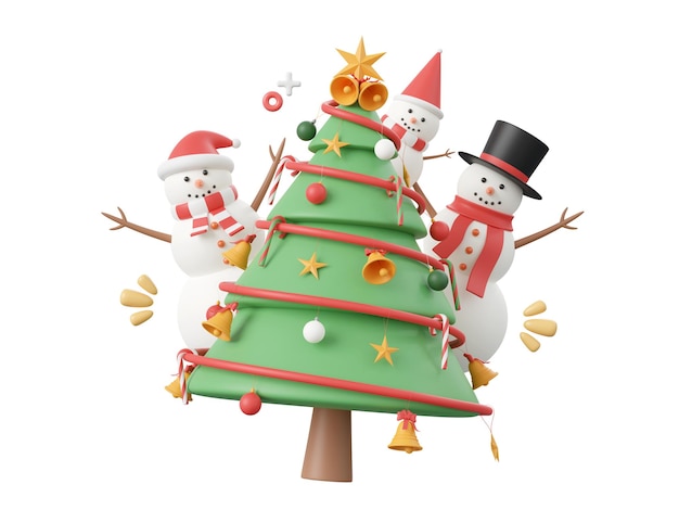 PSD christmas tree with snowman christmas theme elements 3d illustration