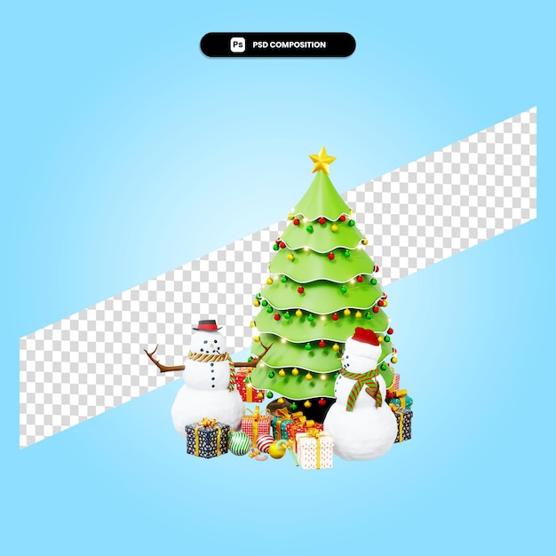 L'albero di natale con il pupazzo di neve e la confezione regalo 3d rendono l'illustrazione isolata