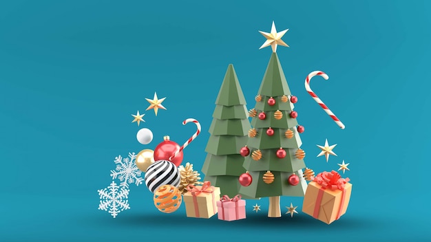 선물 상자, 수정 구슬, 사탕 및 파랑에 눈으로 둘러싸인 크리스마스 트리