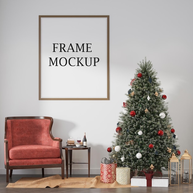 Christmas wall frame mockup on white wall