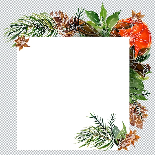 Рождественская акварельная рамка с сосной, пуансеттией и апельсином
