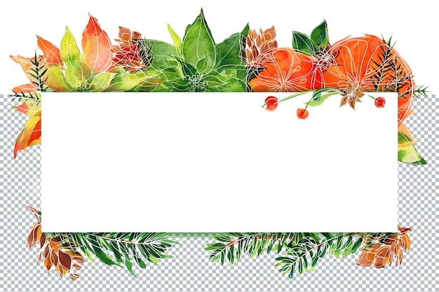 PSD 冬の植物とクリスマスの水彩画フレーム