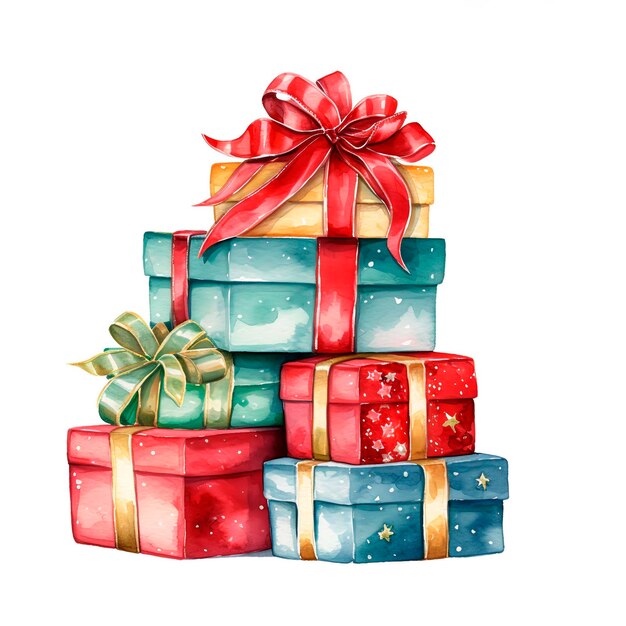 PSD christmas watercolor illustration of a mountain of gifts in bright boxes