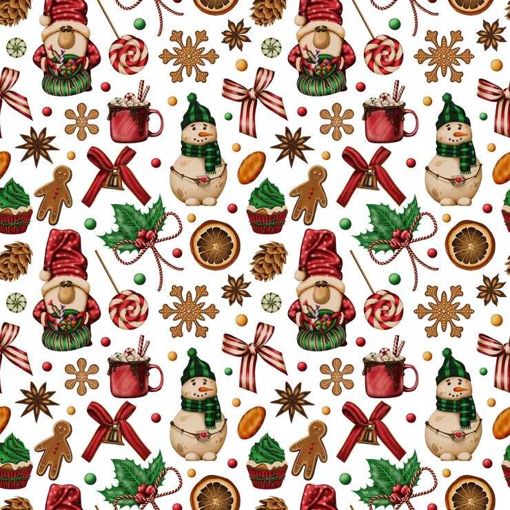 PSD christmas watercolor seamless pattern in cartoon style candy santa snowman holly festive background