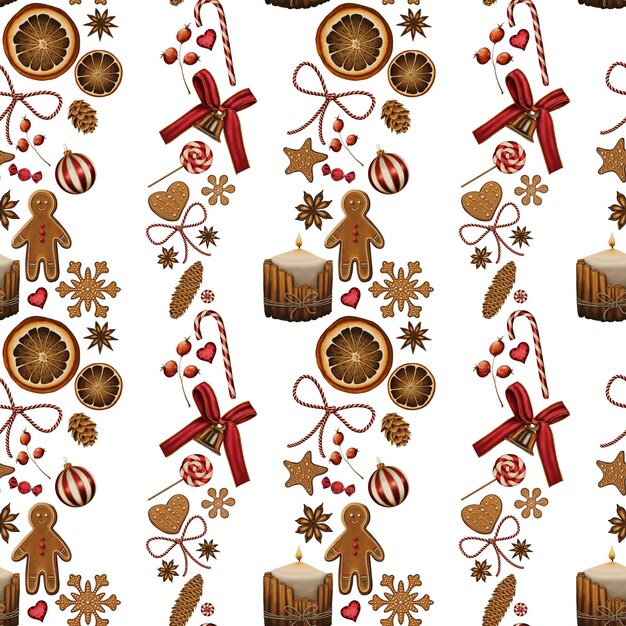 PSD christmas watercolor seamless pattern in cartoon style gingerbread bell candle festive background