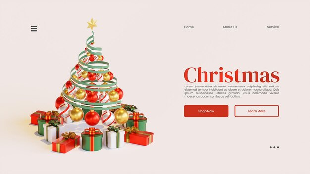 ツリー3dレンダリングイラストとクリスマスのwebページテンプレート