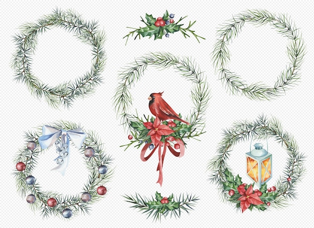 Рождественский венок арт-объекты изолированные набор Круглые венки из еловых веток с северным кардиналом