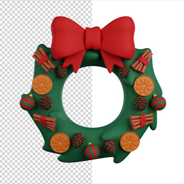 Christmas wreath on door with orange cinnamon and pine cone 3d render