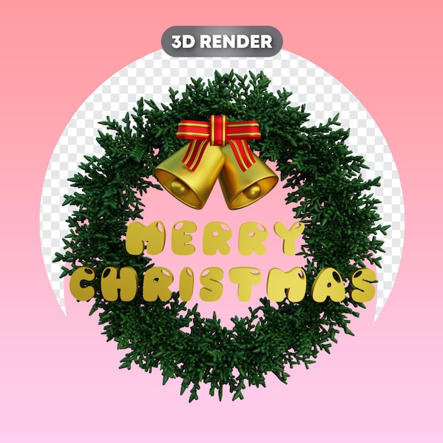 Christmas wreath and text with bells and ribbon 3d object