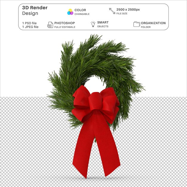 PSD christmas wreath with red bow 3d modeling psd file