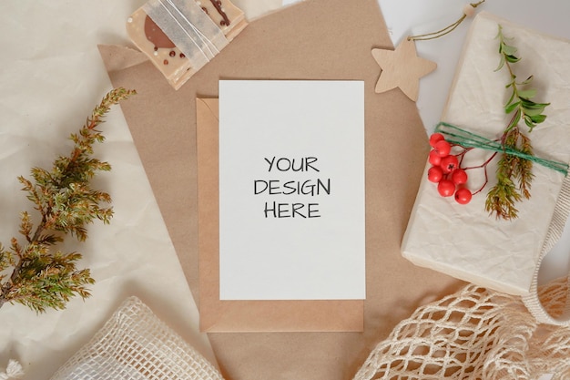 Christmas Zero waste mockup card, eco friendly packaging. Ecological Christmas holiday concept, eco decor.