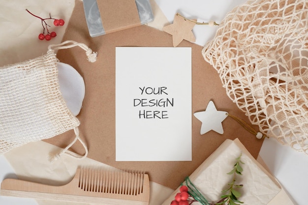 Christmas Zero waste mockup card, eco friendly packaging. Ecological Christmas holiday concept, eco decor.